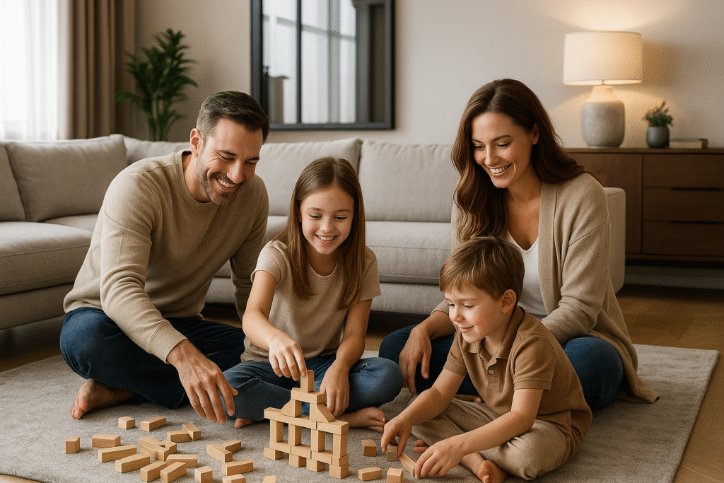Familia jugando en la sala. Sala familiar marca Heres.